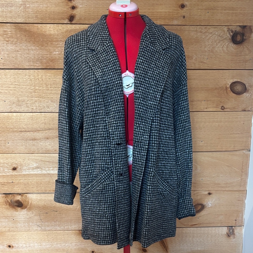 Madewell Black & White Houndstooth Long Blazer Jacket